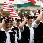 Jobbik activists in unform during a party demonstration