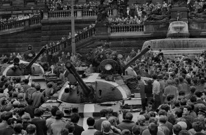 Czechoslovak protesters surround Soviet tanks in Prague, 1968.