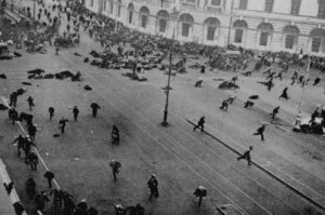 Petrograd (Saint Petersburg), July 4, 1917. Street demonstration on Nevsky Prospekt just after troops of the Provisional Government have opened fire.