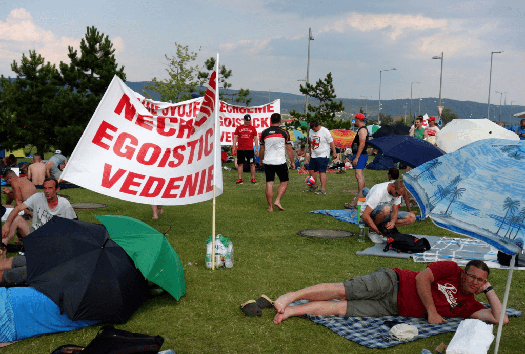 Volkswagen workers enjoying some time off during the strike at the
Bratislava plant, 2017.